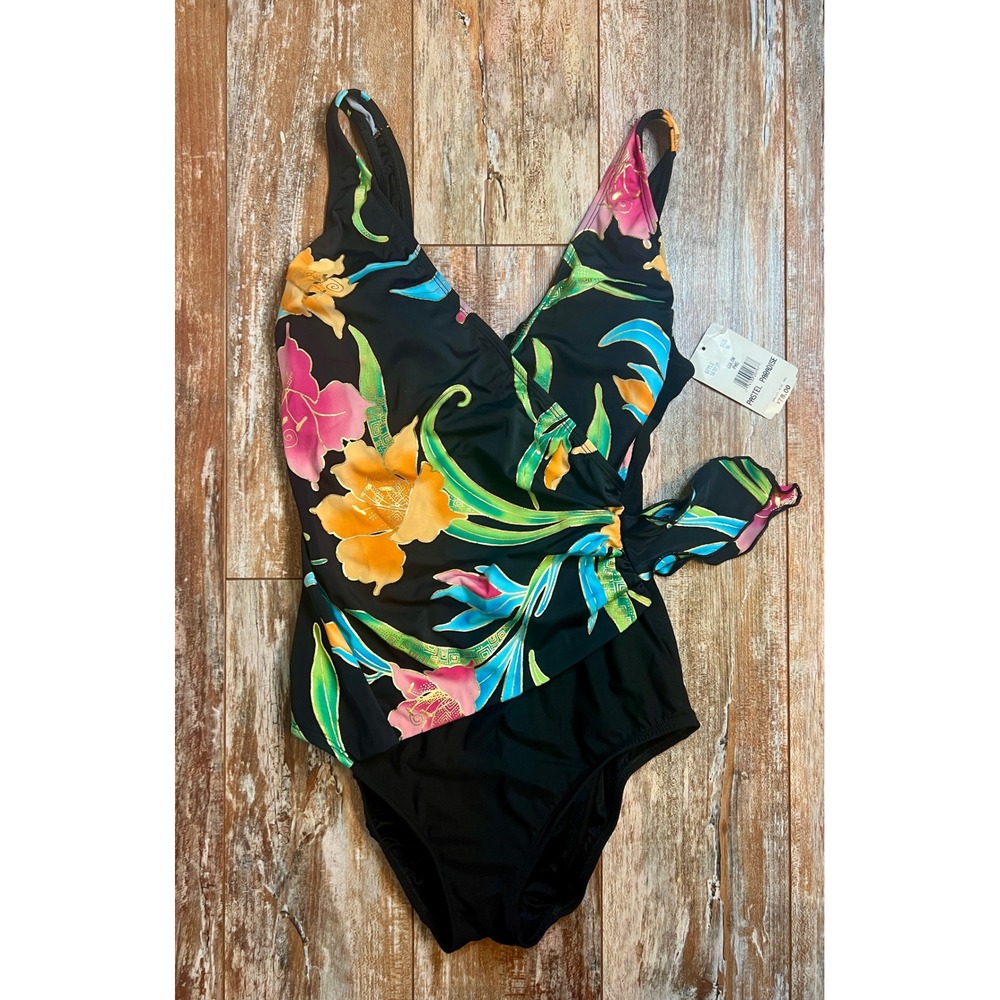 Longitude Pastel Paradise Floral Wrap One Piece Swimsuit Black Pink Orange 16